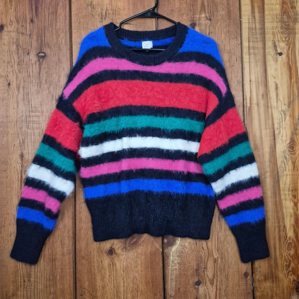 A New Day Womens Striped Eyelash Knit Sweater Multicolor Crewneck Medium